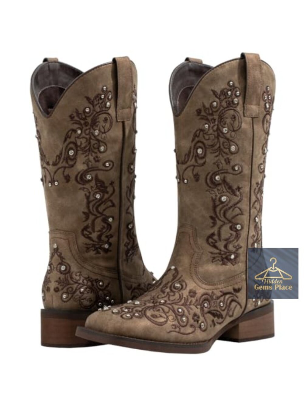 Womens Cowboy Boots Rhinestone Sparkle Faux Leather Western Cowgirl Square Toe
